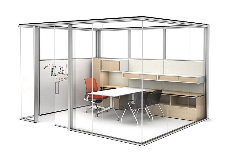 Haworth Enclose moveable wall mock up with writeable whiteboard, laminate and glass panels
