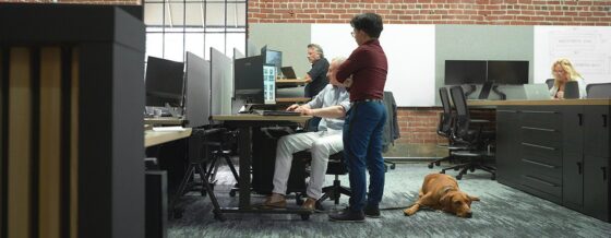 Workstations with employees and their dog on the carpet next to them.